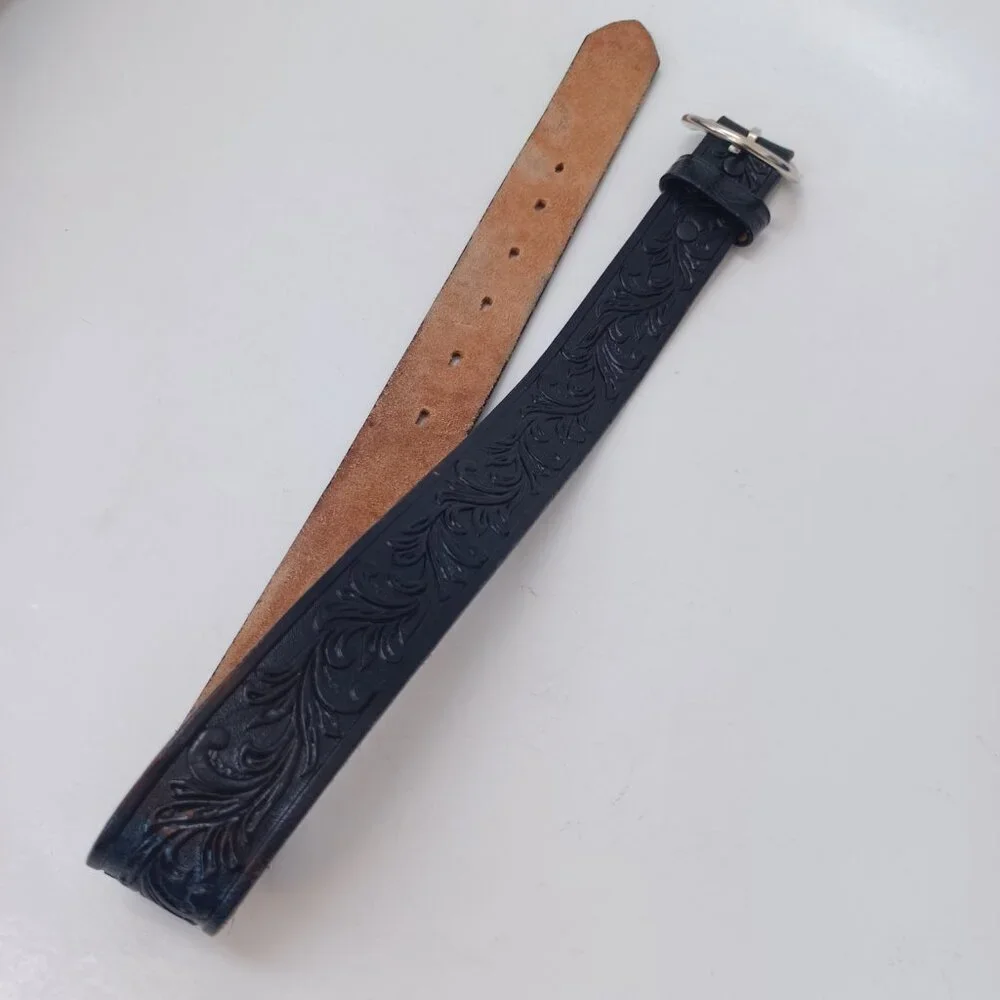 Tony Lama Youth Belt Black Tooled Leather Silver‎ Tone Buckle Western Style